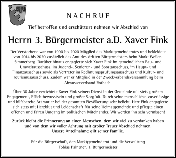 Traueranzeige von Xaver Fink von Der Westallgäuer