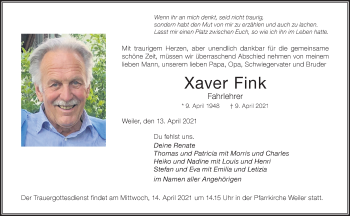 Traueranzeige von Xaver Fink von Der Westallgäuer