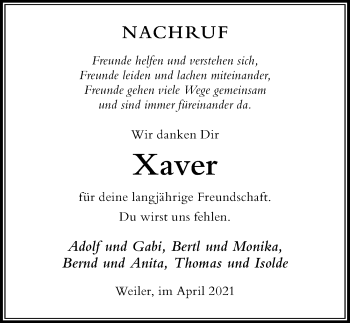 Traueranzeige von Xaver Fink von Der Westallgäuer