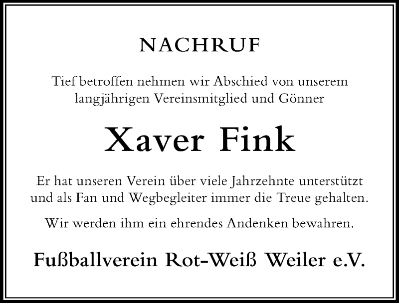  Traueranzeige für Xaver Fink vom 16.04.2021 aus Der Westallgäuer