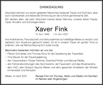 Traueranzeige von Xaver Fink von Der Westallgäuer