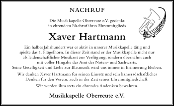 Traueranzeige von Xaver Hartmann von Der Westallgäuer