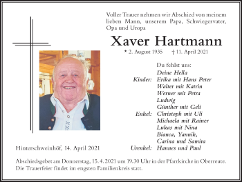 Traueranzeige von Xaver Hartmann von Der Westallgäuer
