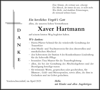Traueranzeige von Xaver Hartmann von Der Westallgäuer