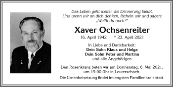 Traueranzeige von Xaver Ochsenreiter von Allgäuer Zeitung, Marktoberdorf