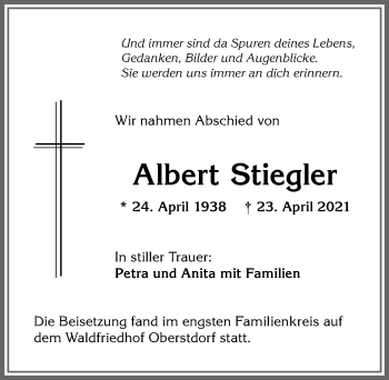 Traueranzeige von Albert Stiegler von Allgäuer Zeitung,Kempten