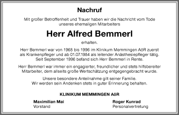 Traueranzeige von Alfred Bemmerl von Memminger Zeitung