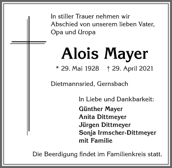 Traueranzeige von Alois Mayer von Allgäuer Zeitung,Kempten