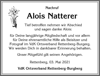 Traueranzeige von Alois Natterer von Allgäuer Anzeigeblatt