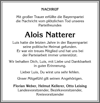 Traueranzeige von Alois Natterer von Allgäuer Anzeigeblatt