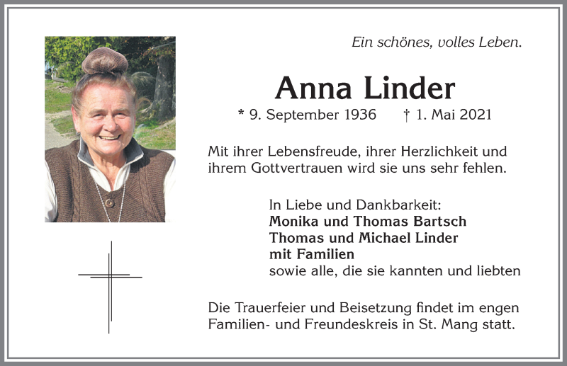  Traueranzeige für Anna Linder vom 04.05.2021 aus Allgäuer Zeitung,Kempten