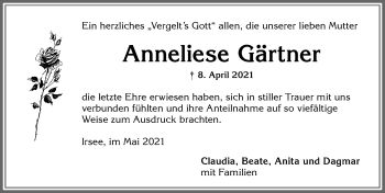 Traueranzeige von Anneliese Gärtner von Allgäuer Zeitung, Kaufbeuren/Buchloe