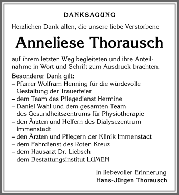Traueranzeige von Anneliese Thorausch von Allgäuer Anzeigeblatt