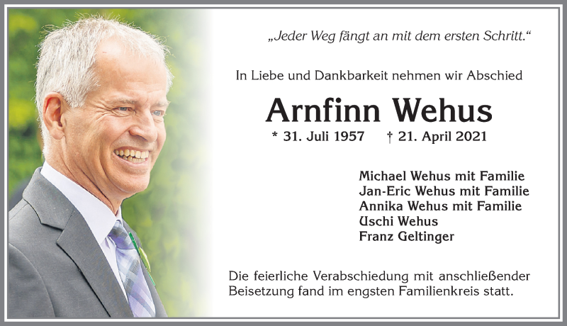  Traueranzeige für Arnfinn Wehus vom 08.05.2021 aus Allgäuer Zeitung
