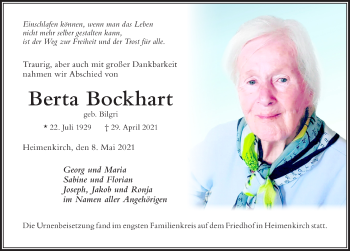 Traueranzeige von Berta Bockhart von Der Westallgäuer