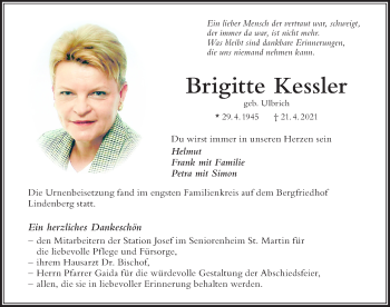 Traueranzeige von Brigitte Kessler von Der Westallgäuer