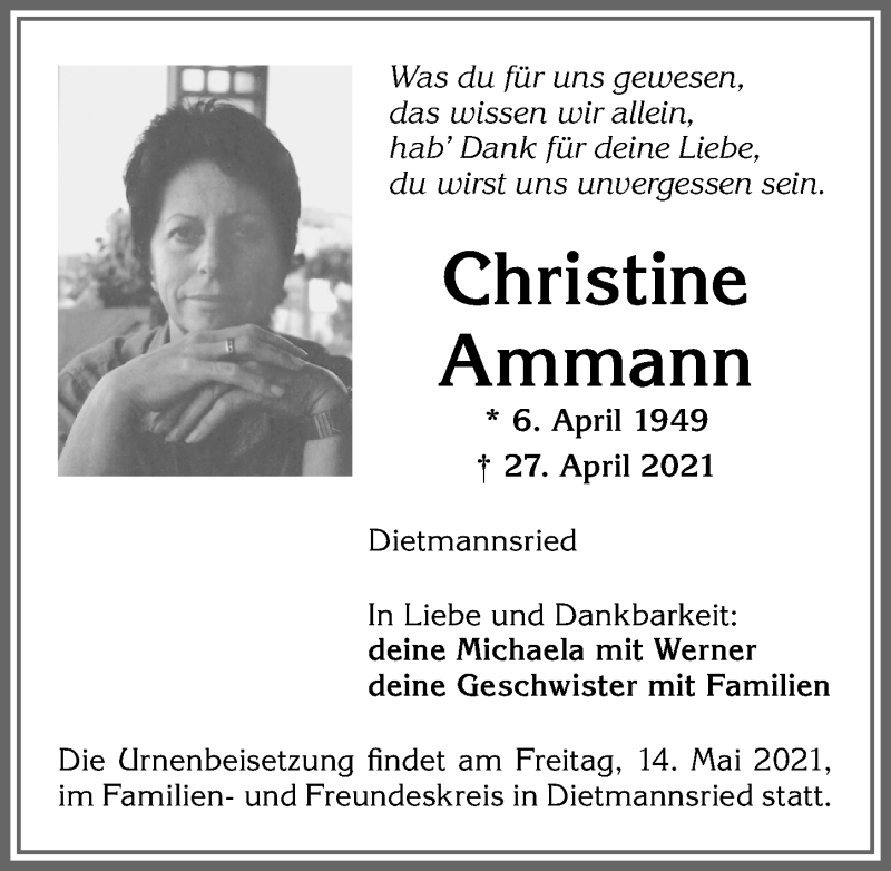  Traueranzeige für Christine Ammann vom 05.05.2021 aus Allgäuer Zeitung,Kempten