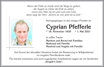 Traueranzeige von Cyprian Pfefferle von Allgäuer Zeitung,Kempten