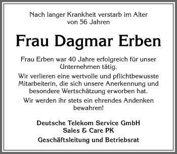 Traueranzeige von Dagmar Erben von Allgäuer Zeitung,Kempten