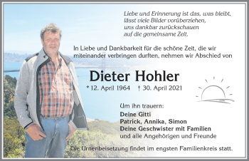 Traueranzeige von Dieter Hohler von Allgäuer Zeitung, Kaufbeuren/Buchloe