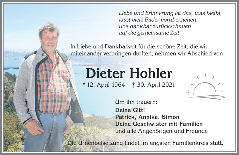  Traueranzeige für Dieter Hohler vom 08.05.2021 aus Allgäuer Zeitung, Kaufbeuren/Buchloe
