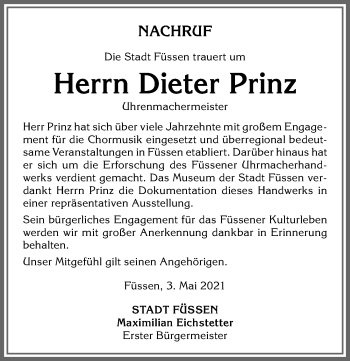 Traueranzeige von Dieter Prinz von Allgäuer Zeitung, Füssen