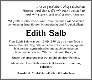 Traueranzeige von Edith Salb von Allgäuer Zeitung,Kempten