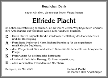 Traueranzeige von Elfriede Placht von Allgäuer Zeitung,Kempten