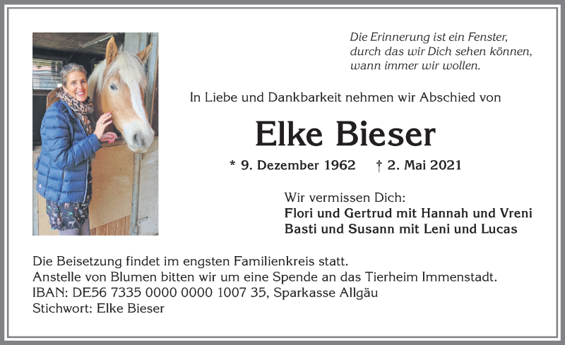  Traueranzeige für Elke Bieser vom 07.05.2021 aus Allgäuer Anzeigeblatt