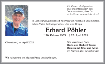 Traueranzeige von Erhard Pöhler von Allgäuer Anzeigeblatt