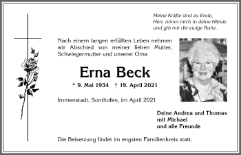 Traueranzeige von Erna Beck von Allgäuer Anzeigeblatt