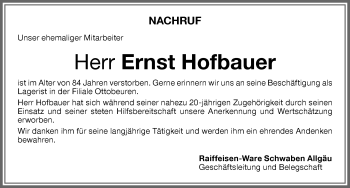 Traueranzeige von Ernst Hofbauer von Memminger Zeitung