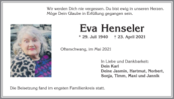 Traueranzeige von Eva Henseler von Allgäuer Anzeigeblatt