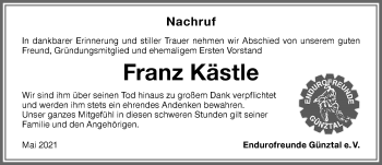 Traueranzeige von Franz Kästle von Memminger Zeitung