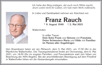 Traueranzeige von Franz Rauch von Allgäuer Zeitung,Kempten