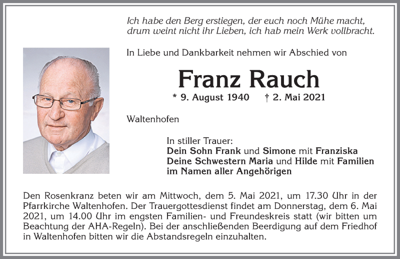  Traueranzeige für Franz Rauch vom 04.05.2021 aus Allgäuer Zeitung,Kempten