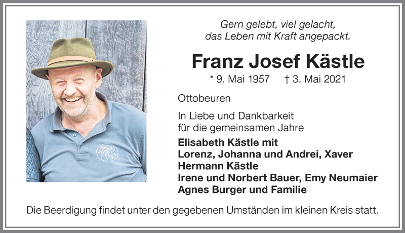  Traueranzeige für Franz Josef Kästle vom 05.05.2021 aus Memminger Zeitung