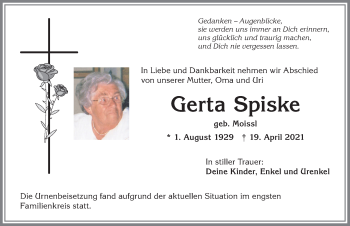 Traueranzeige von Gerta Spiske von Allgäuer Anzeigeblatt