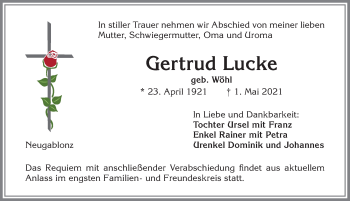 Traueranzeige von Gertrud Lucke von Allgäuer Zeitung, Kaufbeuren/Buchloe