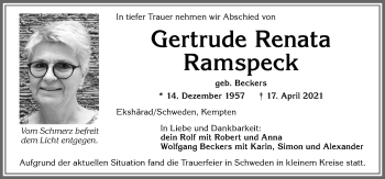 Traueranzeige von Gertrude Renata Ramspeck von Allgäuer Zeitung,Kempten