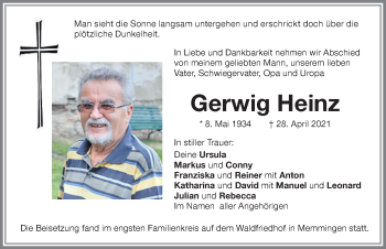Traueranzeige von Gerwig Heinz von Memminger Zeitung