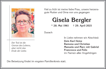 Traueranzeige von Gisela Bergler von Allgäuer Zeitung,Kempten