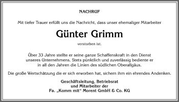 Traueranzeige von Günter Grimm von Allgäuer Anzeigeblatt