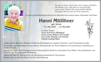 Traueranzeige von Hanni Mitlöhner von Allgäuer Zeitung, Kaufbeuren/Buchloe