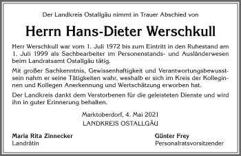 Traueranzeige von Hans-Dieter Werschkull von Allgäuer Zeitung, Kaufbeuren/Buchloe