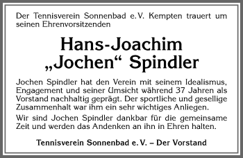 Traueranzeige von Hans-Joachim Spindler von Allgäuer Zeitung,Kempten