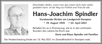 Traueranzeige von Hans-Joachim Spindler von Allgäuer Zeitung,Kempten