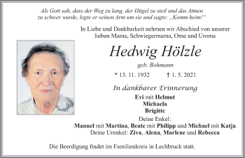 Traueranzeige von Hedwig Hölzle von Allgäuer Zeitung, Füssen