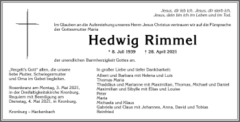 Traueranzeige von Hedwig Rimmel von Allgäuer Zeitung