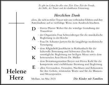Traueranzeige von Helene Herz von Der Westallgäuer
